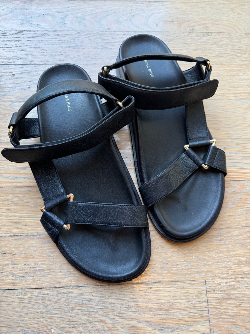 Anine Bing Black Leather Adjustable Strap Sandals with Gold Accents